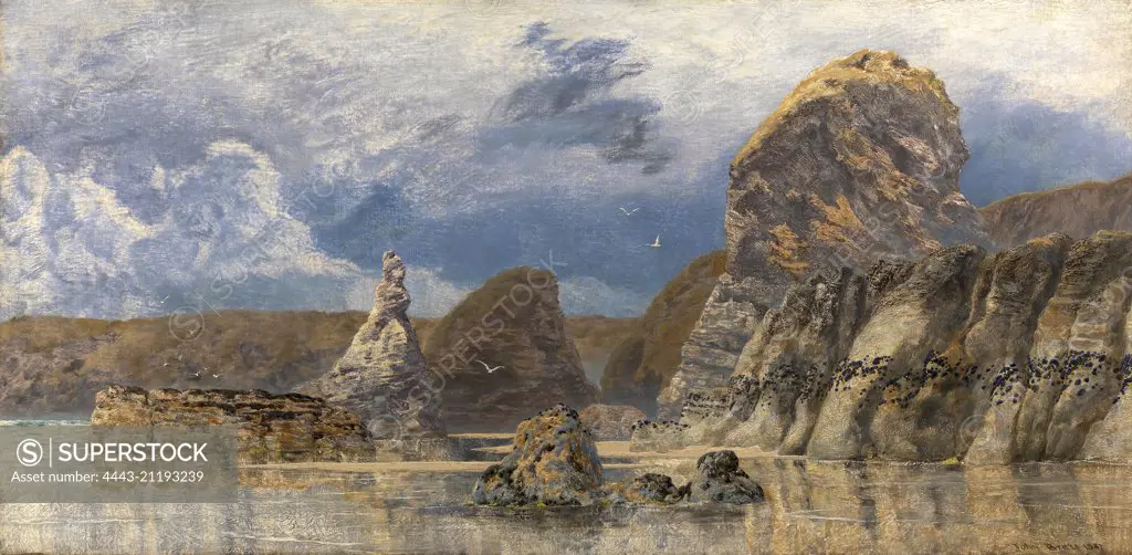 Seascape Coastal landscape with cliffs and jagged rocks signed and dated lower right Signed and dated, lower right: "John Brett 1887", John Brett, 1831-1902, British
