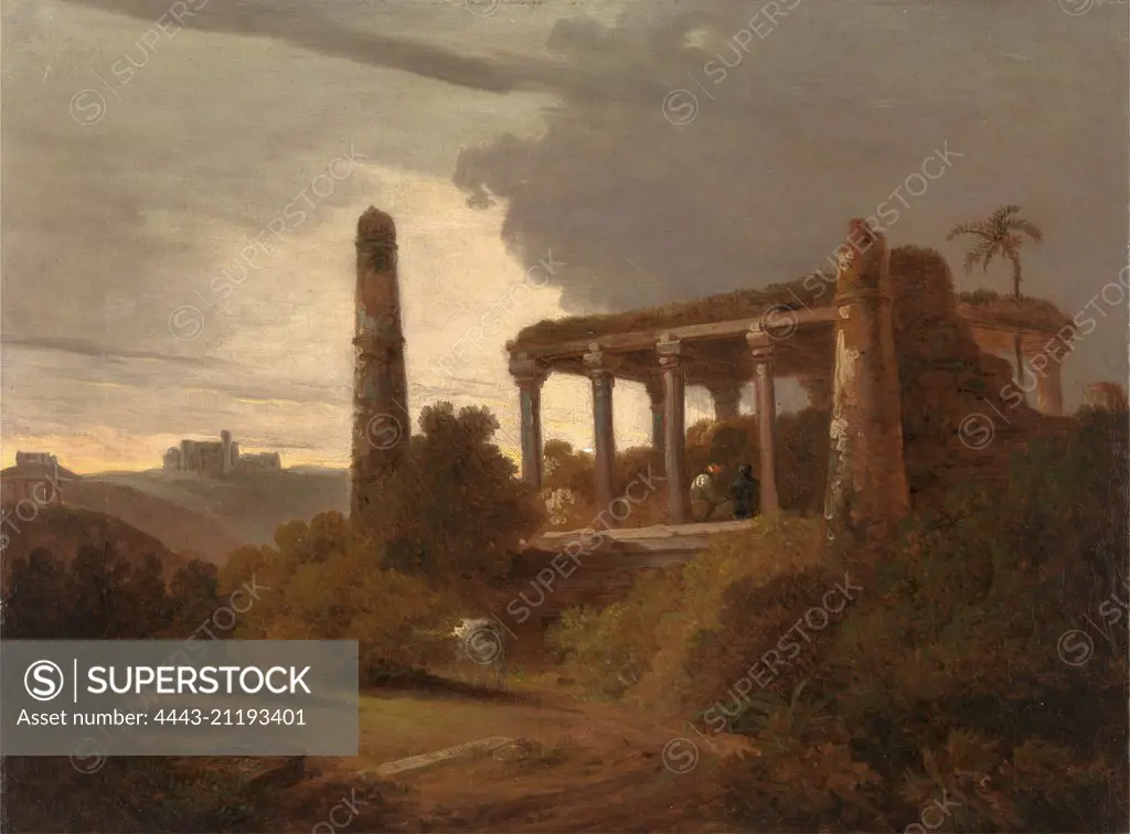 Indian Landscape with Temple Ruins Signed and dated, lower left, on box laying on ground: "DANIELL | 1820", Thomas Daniell, 1749-1840, British