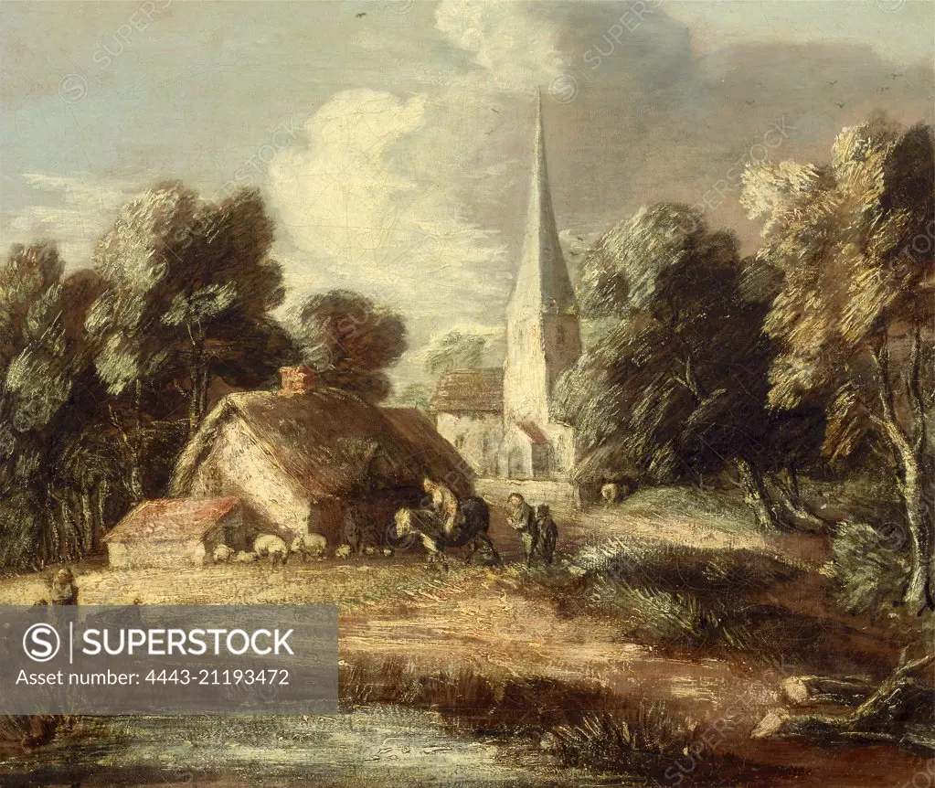 Landscape with cottage and church Landscape with a Church, Cottage, Villagers and Animals, Thomas Gainsborough, 1727-1788, British