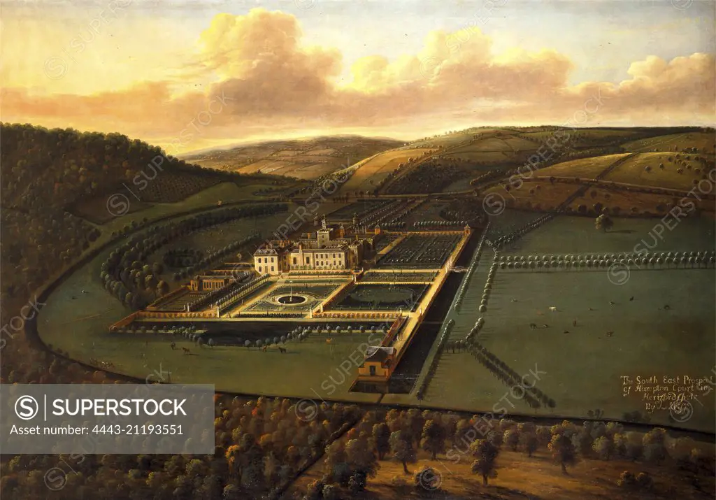 The Southeast Prospect of Hampton Court, Herefordshire Inscribed in black paint, lower right: "The South East Prospect | of Hampton Court in | Hertfordsheir" Signed in black paint, lower right: "by L Kniff", Leonard Knyff, 1650-1721, Dutch