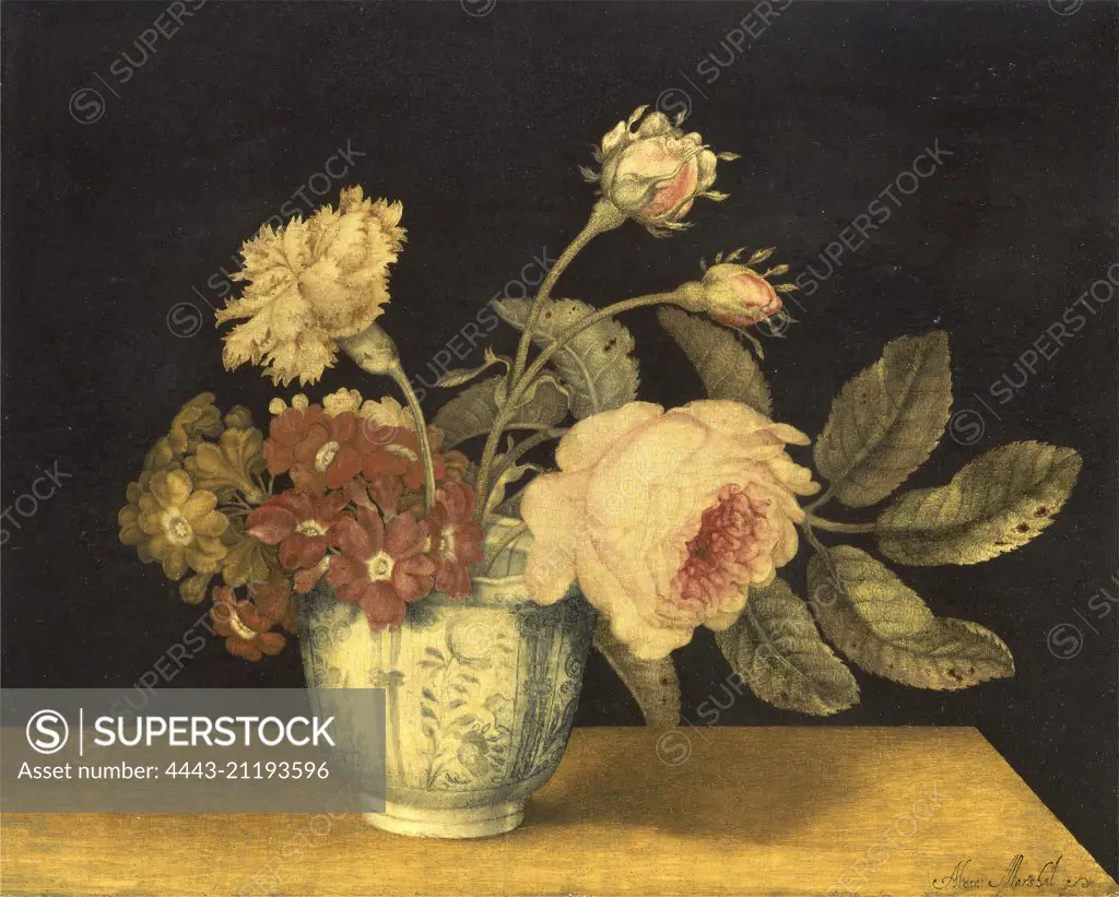 Flowers in a Delft Jar Signed in black paint, lower right: "Alex: Marshal ~", Alexander Marshal, active 1651-died 1682, British