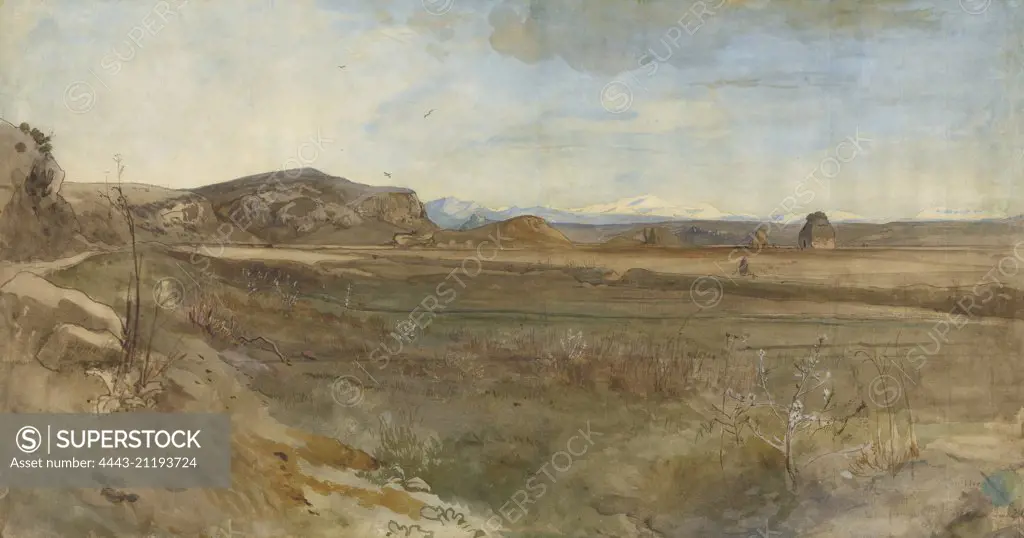 Campagna Landscape on the Via Flaminia; Franz Albert Venus, German, 1842 - 1871; Italy, Europe; 1869; Watercolor over graphite; 33 x 62.5 cm (13 x 24 5/8 in.)