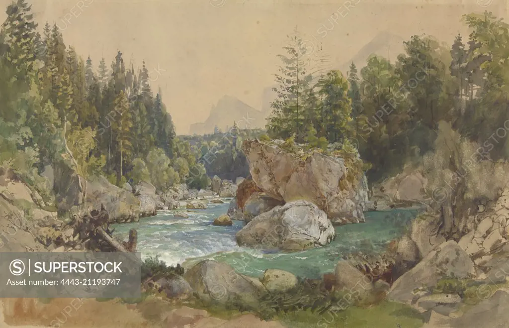Wooded River Landscape in the Alps; Thomas Ender, Austrian, 1793 - 1875; Germany, Europe; about 1850 - 1870; Watercolor, gouache and graphite; 31 x 47.8 cm (12 3/16 x 18 13/16 in.)