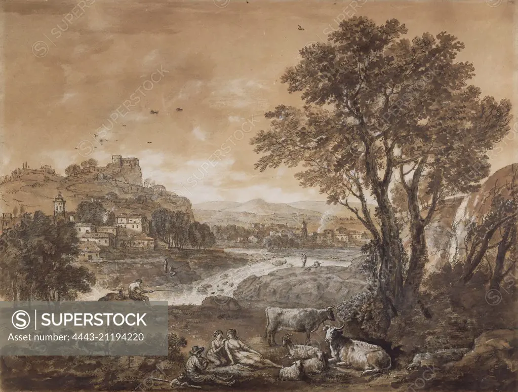 A Landscape with Shepherds Resting Under a Tree by a Cascade (recto),  Sketch of a Landscape (verso); Francesco Zuccarelli, Italian, 1702 - 1778; mid-1700s; Black chalk, pen and brown ink, brown and gray wash heightened with white gouache (recto); black chalk (verso); 47.8 x 63 cm (18 13/16 x 24 13/16 in.)