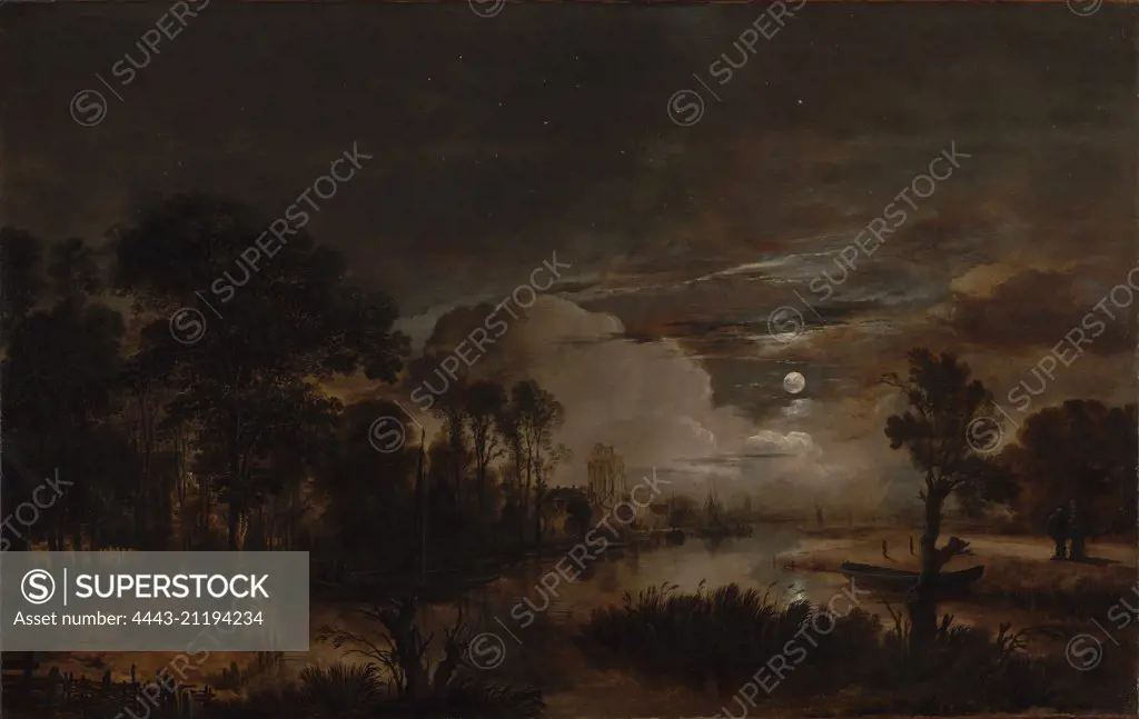 Moonlit Landscape with a View of the New Amstel River and Castle Kostverloren; Aert van der Neer, Dutch, 1603/1604 - 1677; 1647; Oil on panel; Unframed: 57.5 x 89.9 cm (22 5/8 x 35 3/8 in.), Framed outer dim: 80 x 113 x 6.4 cm (31 1/2 x 44 1/2 x 2 1/2 in.)