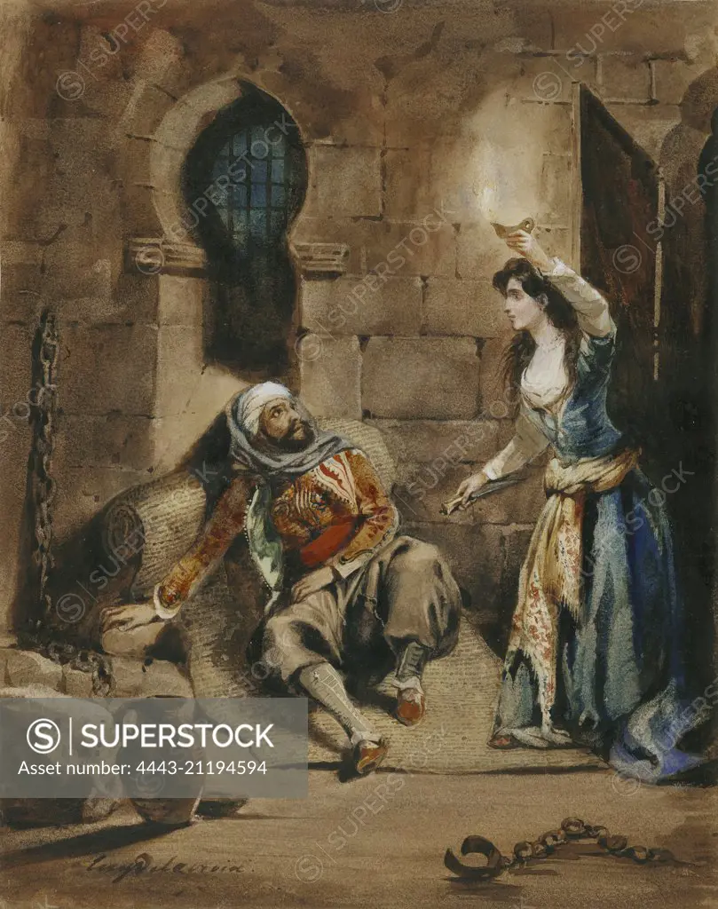 Episode from "The Corsair" by Lord Byron; Eugène Delacroix, French, 1798 - 1863; about 1831; Watercolor, brown ink, touches of gouache, over graphite underdrawing; 24.3 x 19.2 cm (9 9/16 x 7 9/16 in.)