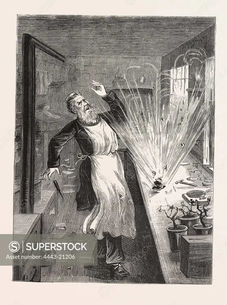 THE EXPLOSION : MR, LARKIN OPENING THE BOX, AN ATTEMPT TO MURDER AT CLERKENWELL, LONDON, ENGRAVING 1876, UK, britain, british, europe, united kingdom, great britain, european