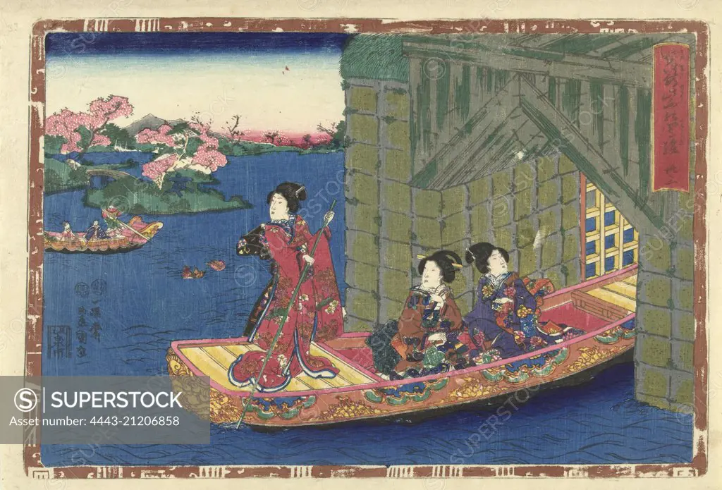 Three women in a rowing boat sailing through tunnel; in the background a second rowing boat and landscape with flowering trees, Japanese print, Kunisada (I), Utagawa, Kinugasa Fusajiro, Murata Heiemon, 1851 - 1853