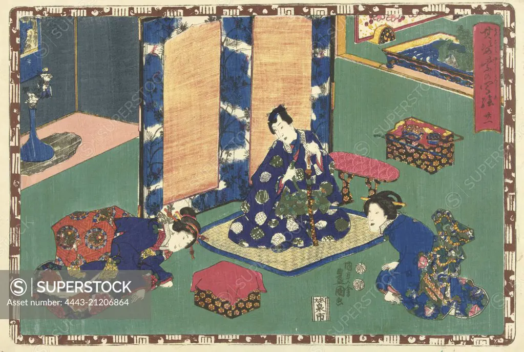 Prince Genji sitting on a rug in a room, Japanese print, Kunisada (I), Utagawa, Kinugasa Fusajiro, Watanabe Shoemon, 1849 - 1850