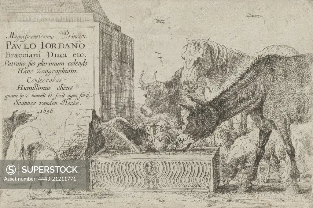 Animals at a fountain, Jan van den Hecke (I), 1656