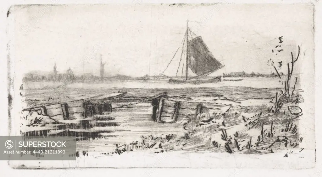 Sailing ship on a river, Elias Stark, 1859 - 1888