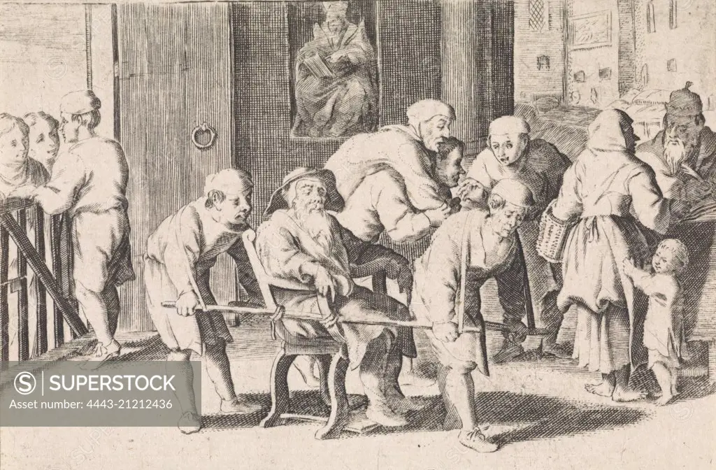 Blind, old man in sedan, Cornelis de Wael, Anonymous, 1629