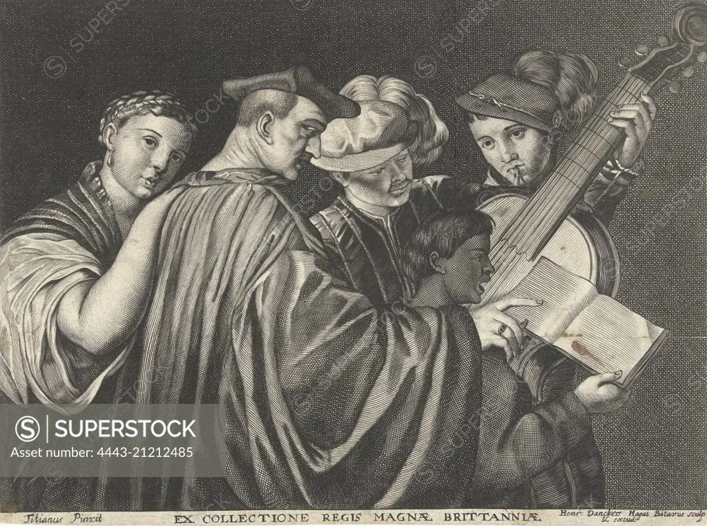 Three men, woman and boy singing and playing musical instruments, Hendrick Danckerts, 1635 - 1679