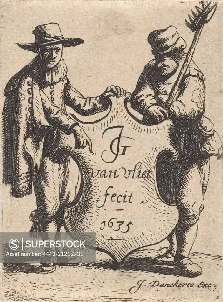 Elegant man and a chimney sweep with a coat of arms, print maker: Jan Gillisz. van Vliet, Justus Danckerts, 1635 and or 1664 - 1699