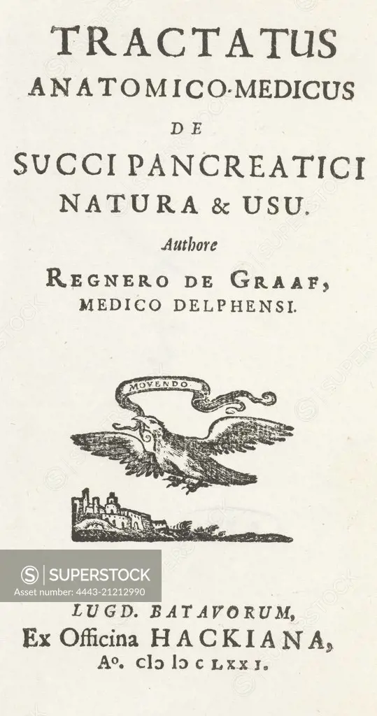 Title page for: Reinier de Graaf, Tractatus Anatomico-Paramedic succinate pancreatici kind & usu, Leiden, 1671, officina Hackiana, 1671
