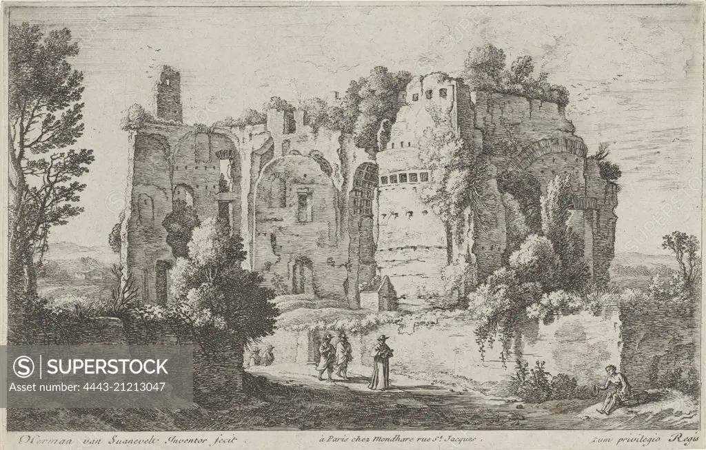 Landscape with ruins and cardinal, Herman van Swanevelt, 1759 - 1784