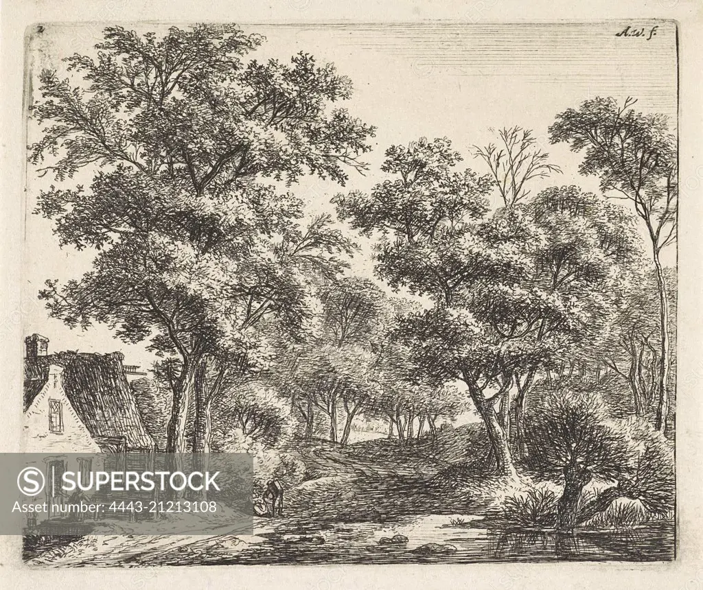 Buildings along a forest trail, Anthonie Waterloo, Cornelis Danckerts (II), Josua & Reinier II Ottens, 1630 - 1663