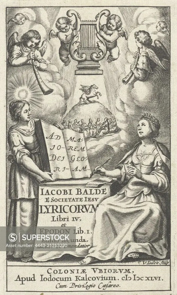 Female writes and draws inspiration from muses while angels playing musical instruments, Cornelis van Dalen (I), Jost Kalckhoven, Keizer, 1646
