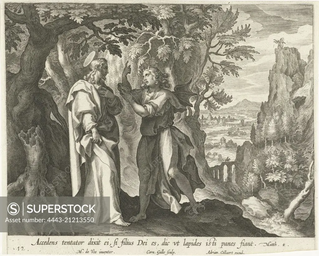 Temptation of Christ in the Desert, print maker: Cornelis Galle I, Maerten de Vos, 1598 - 1618