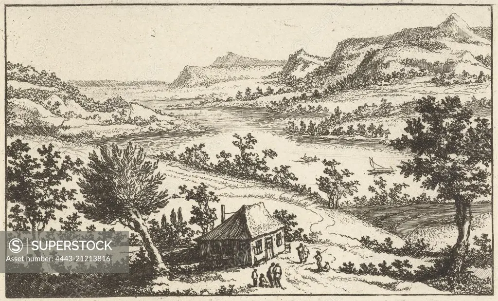 House on the banks of a river, print maker: Jan van Almeloveen, 1662 - 1683 and/or 1775 - 1785