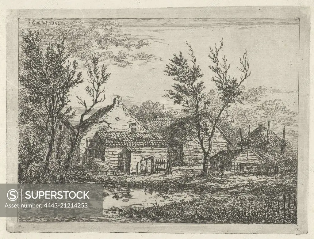 On a farm with several buildings and a haystack, a person walks near a tree, a pond with ducks, print maker: Gerardus Emaus de Micault (mentioned on object), Dating 1852