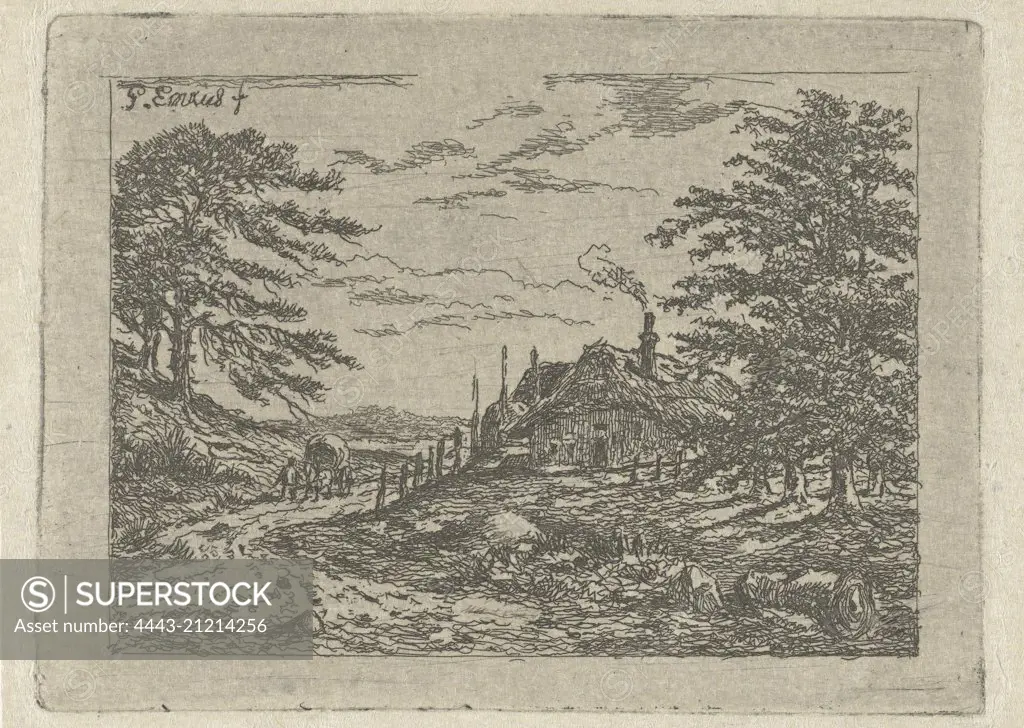 Landscape with farm and horse and carriage, Gerardus Emaus de Micault, 1813-1863