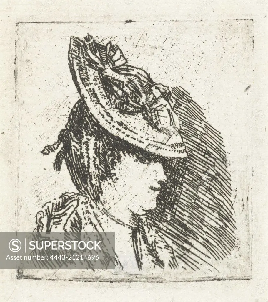Head Study of a young woman with hat, print maker: Louis Bernard Coclers, 1756 - 1817