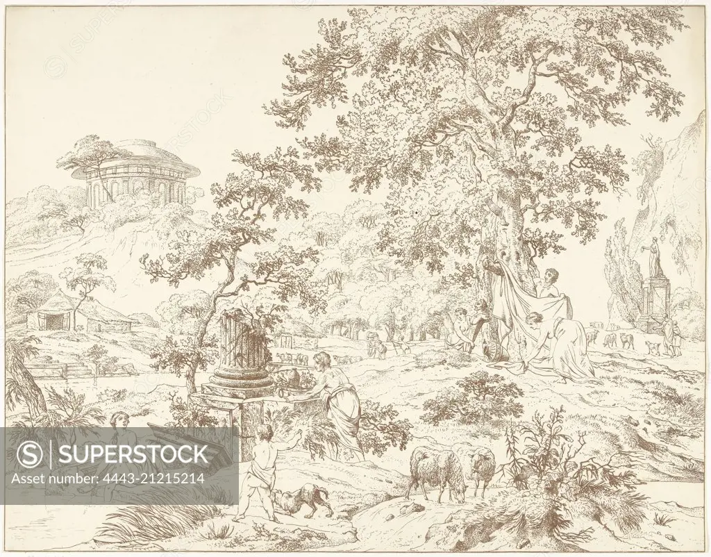 Arcadian landscape with foot bathing woman, Hermanus Fock, 1781 - 1822