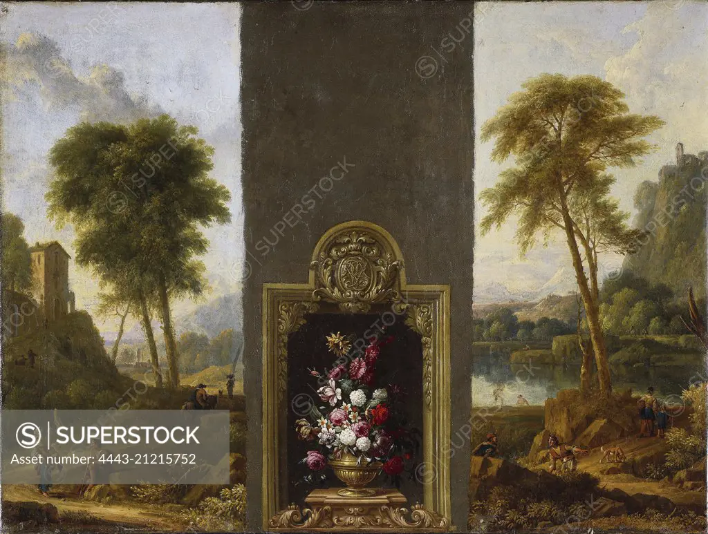 Flower still life in frame with monogram, attributed to Willem Hendrik Wilhelmus van Royen, c. 1690 - c. 1710