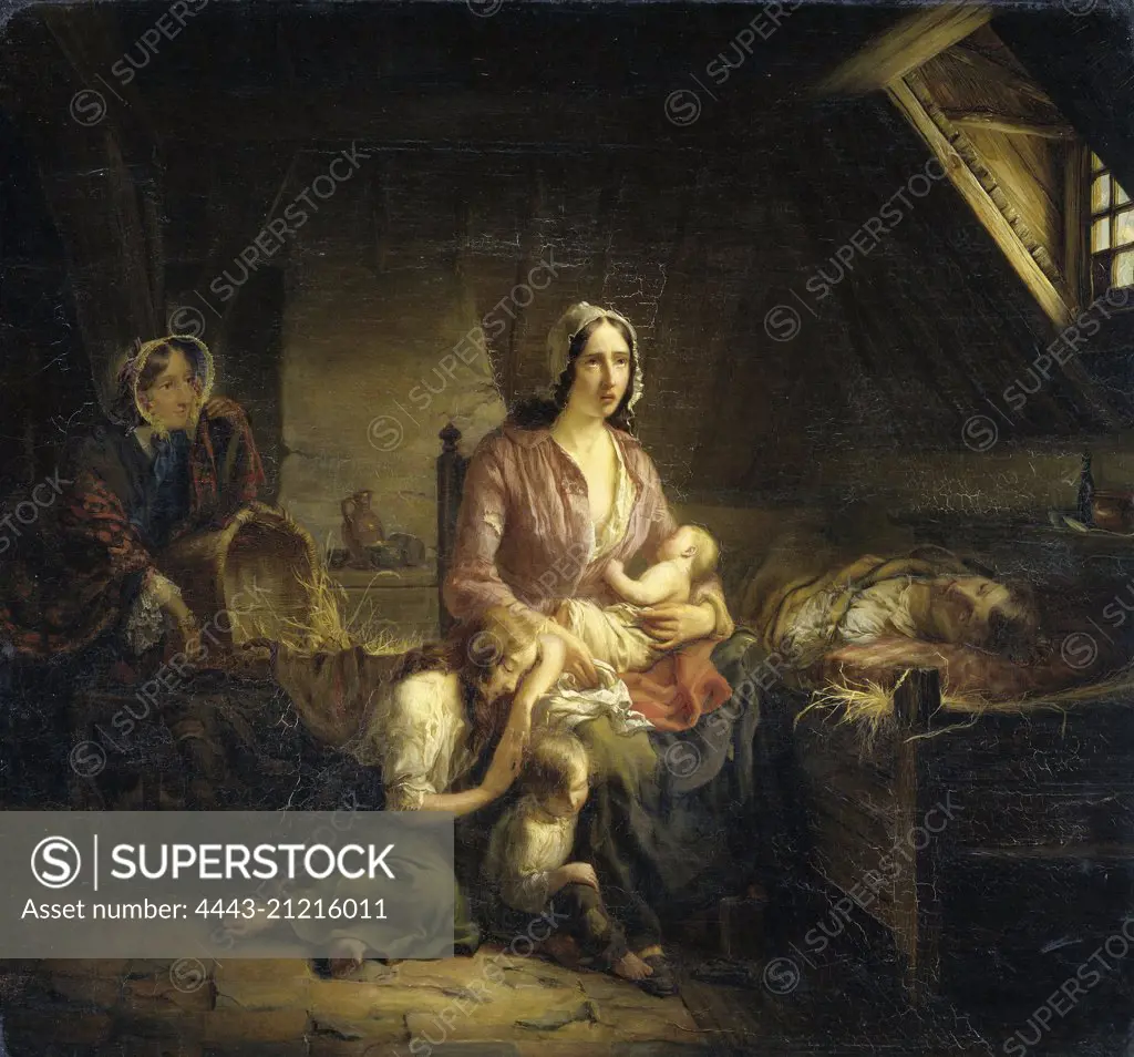 A Rich Lady Visits a Poor Family, Gerardus Terlaak, 1853