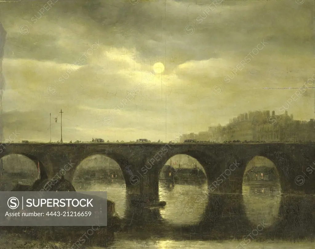 View of a Bridge of the Seine in Paris by Moonlight, France, Antonie Waldorp, 1835