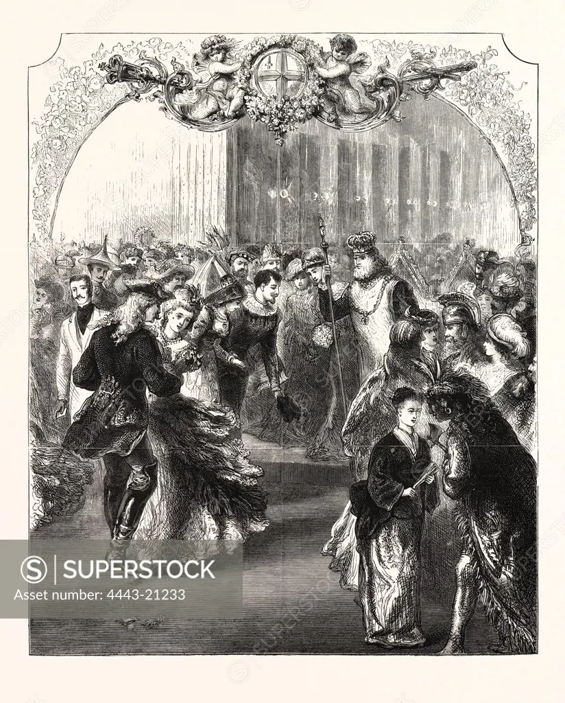 FANCY DRESS BALL AT THE MANSION HOUSE, TUESDAY, MAY 30TH : THE RIGHT HON. W. J. R. COTTON, M.P., LORD MAYOR, AS THE EMPEROR CHARLEMAGNE, RECEIVING THE GUESTS, ENGRAVING 1876, UK, britain, british, europe, united kingdom, great britain, european
