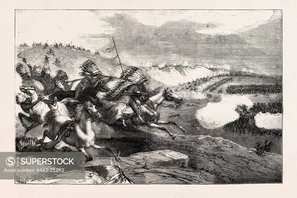 THE SIOUX WAR IN AMERICA A TROOP OF INDIANS CHARGING COLONEL ROYALL's DETACHMENT OF CAVALRY, ENGRAVING 1876, US, USA, America, United States