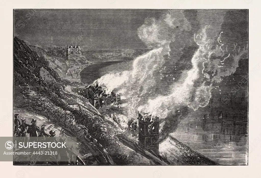 DESTRUCTION OF THE SPA SALOON, SCARBOROUGH BY FIRE, ENGRAVING 1876, UK, britain, british, europe, united kingdom, great britain, european