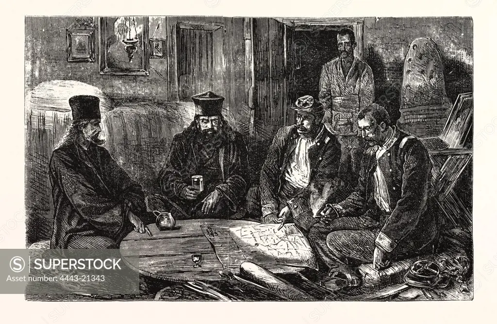 THE WAR, SERVIAN STAFF OFFICERS AND MONKS HOLDING A COUNCIL OF WAR IN THE MONASTERY OF ST. ARANDJEL, ENGRAVING 1876