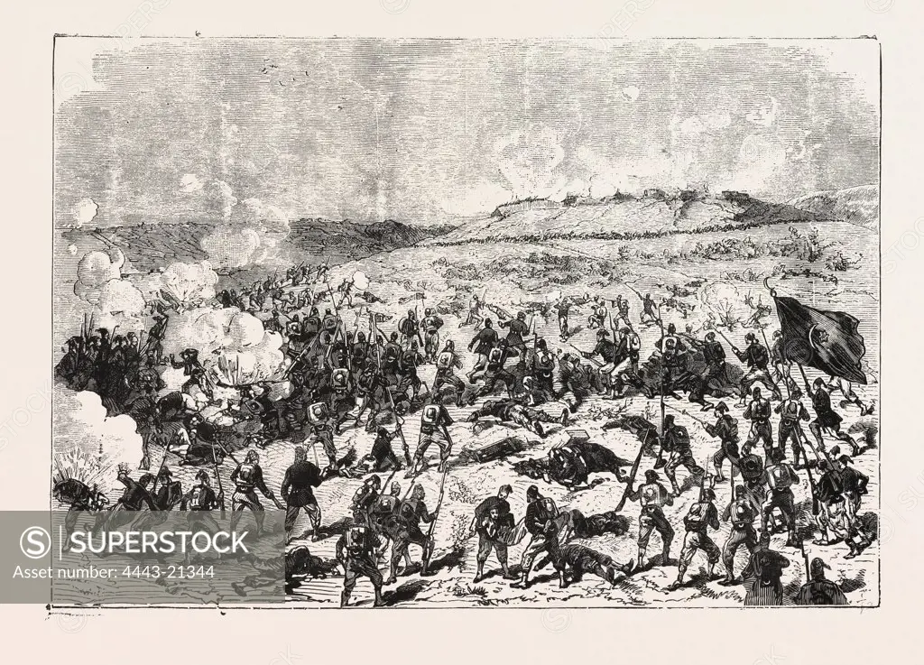 THE WAR, ATTACK ON THE REDOUBT OF SCHUMATORAZ  BY THE TURKISH IMPERIAL GUARD, ENGRAVING 1876