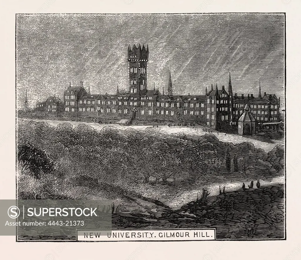 SKETCHES DURING THE PRINCE AND PRINCESS OF WALES'S RECENT VISIT TO GLASGOW, NEW UNIVERSITY, GILMOUR HILL, ENGRAVING 1876, UK, britain, british, europe, united kingdom, great britain, european