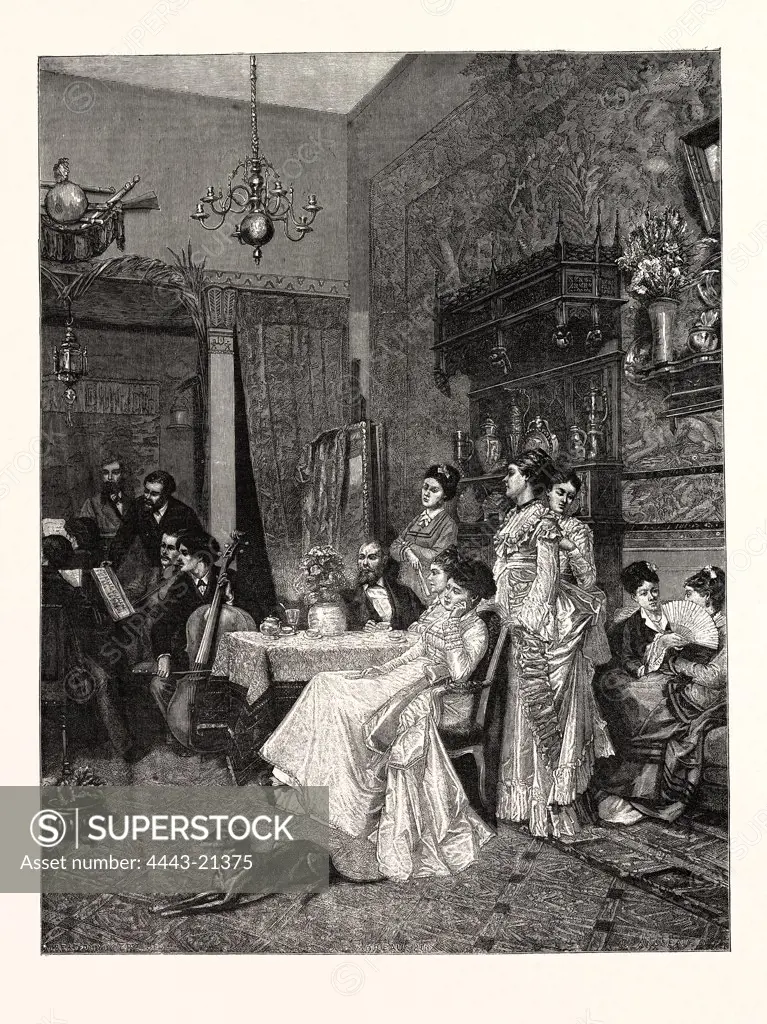 A CHAMBER CONCERT, PICTURE BY ADRIEN MOREAU IN THE PARIS SALON, ENGRAVING 1876