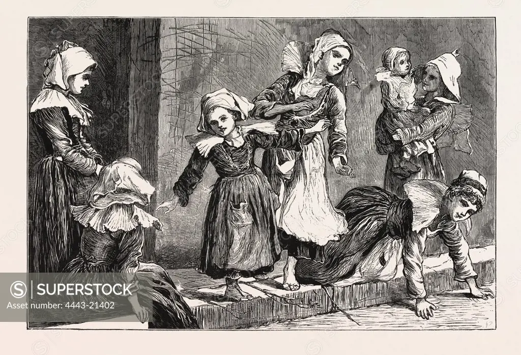 SKETCHES IN BRITTANY, FRANCE, CHILDREN PLAYING THE GAME OF ANABEL, ENGRAVING 1876