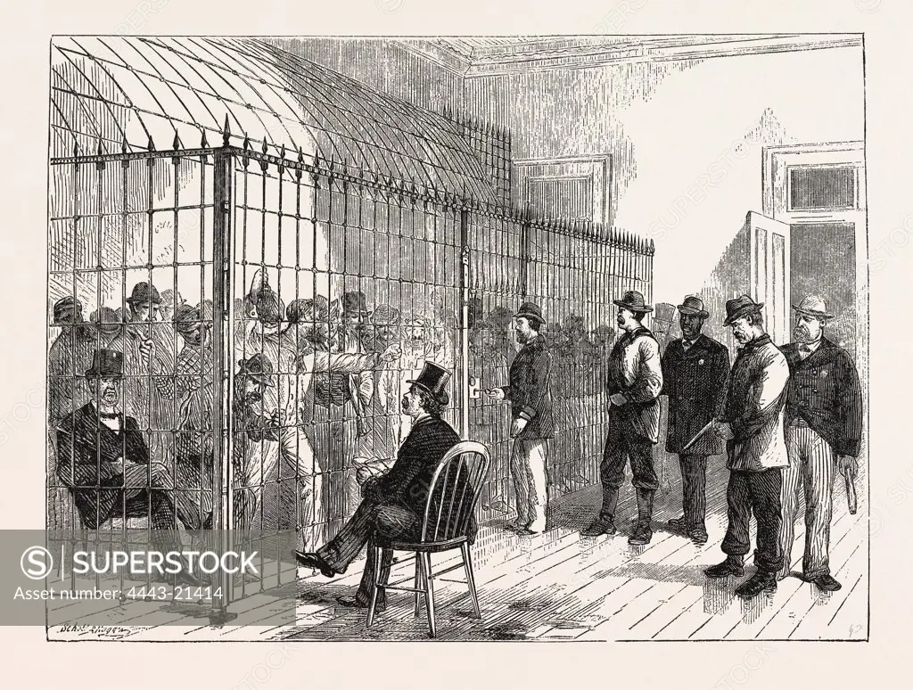 VOTERS ON ELECTION-DAY IN THE NEW POST OFFICE, NEW YORK, ENGRAVING 1876, US, USA, America, United States