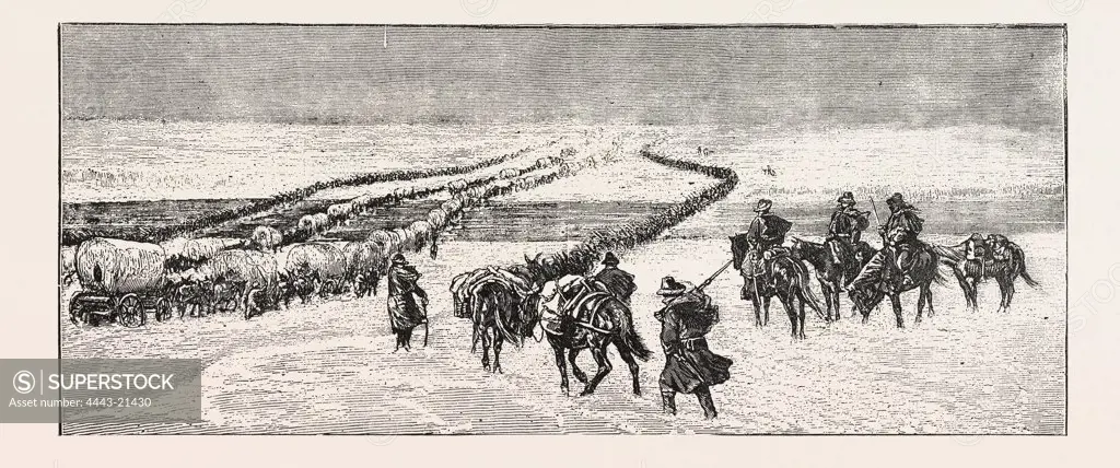 THE SIOUX WAR: THE POWDER RIVER EXPEDITION CROSSING THE PLATTE RIVER, ENGRAVING 1876, US, USA, America, United States