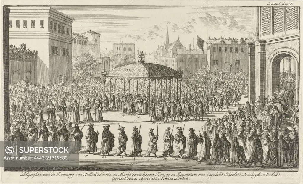Procession to the coronation ceremony, 21 April 1689. William III and Mary II Stuart under a canopy in a long procession on their way to Westminster Abbey. With figures in the representation and marked at top right: third Part. fol. 118., Coronation procession of William III, 1689 Pledges to the Crowning of William the third, and Mary the second, as King and Queen of England, Scotland, France and Ireland, Celebrated the 21 April 1689 within London , print maker: Jan Luyken, publisher: Jan Claesz ten Hoorn, Amsterdam, 1689, paper, etching, h 178 mm × w 291 mm