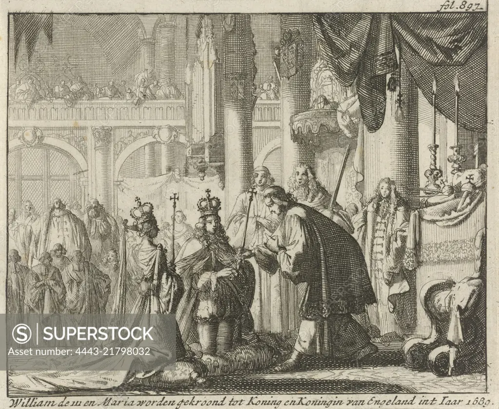 The coronation of William III and Mary II Stuart as King and Queen of England in Westminster Abbey, 21 April 1689. Marked top right: fol. 897., Coronation of William III and Mary II, 1689 William the III and Mary are crowned King and Queen of England int Year 1689 , print maker: Jan Luyken, printer: Jurriaen van Poolsum, print maker: Amsterdam, printer: Utrecht, 1689, paper, etching, h 113 mm × w 137 mm