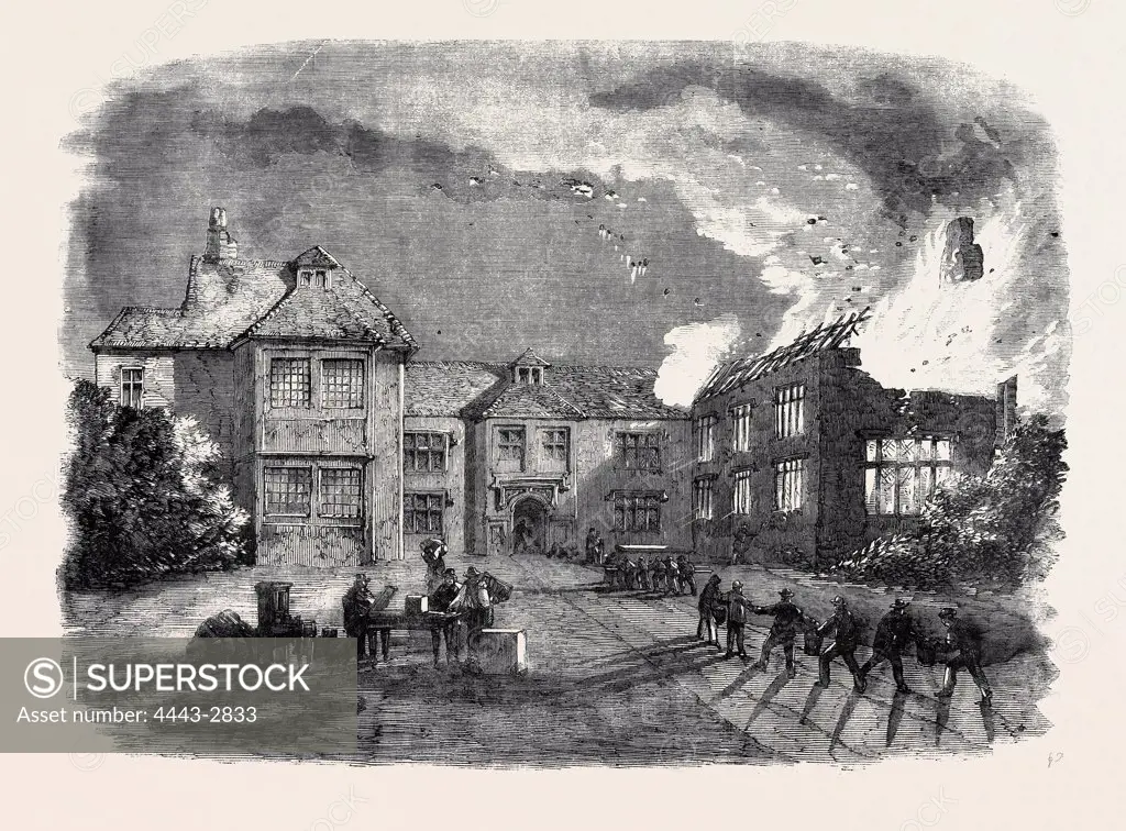 DESTRUCTION BY FIRE OF BIRDINGBURY HALL, WARWICKSHIRE, FROM A SKETCH BY MR. R.G. SWEETING, OF SOUTHAM