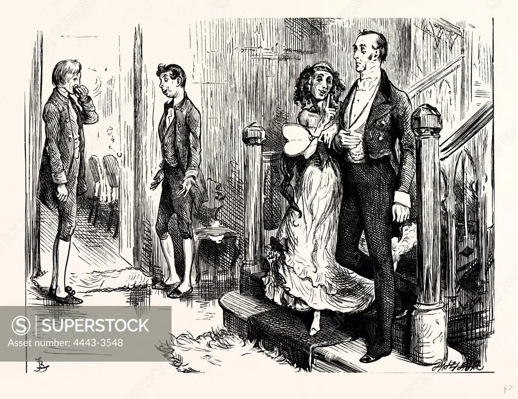 Charles Dickens, Dombey and Son. ' ONE OF THE VERY TALL YOUNG MEN ON HIRE, WHOSE ORGAN OF 'VENERATION WAS IMPERFECTLY DEVELOPED, THRUSTING HIS TONGUE INTO HIS CHEEK, FOR THE ENTERTAINMENT OF THE OTHER VERY TALL YOUNG MAN ON HIRE, AS THE COUPLE TURNED INTO THE DINING-ROOM.'