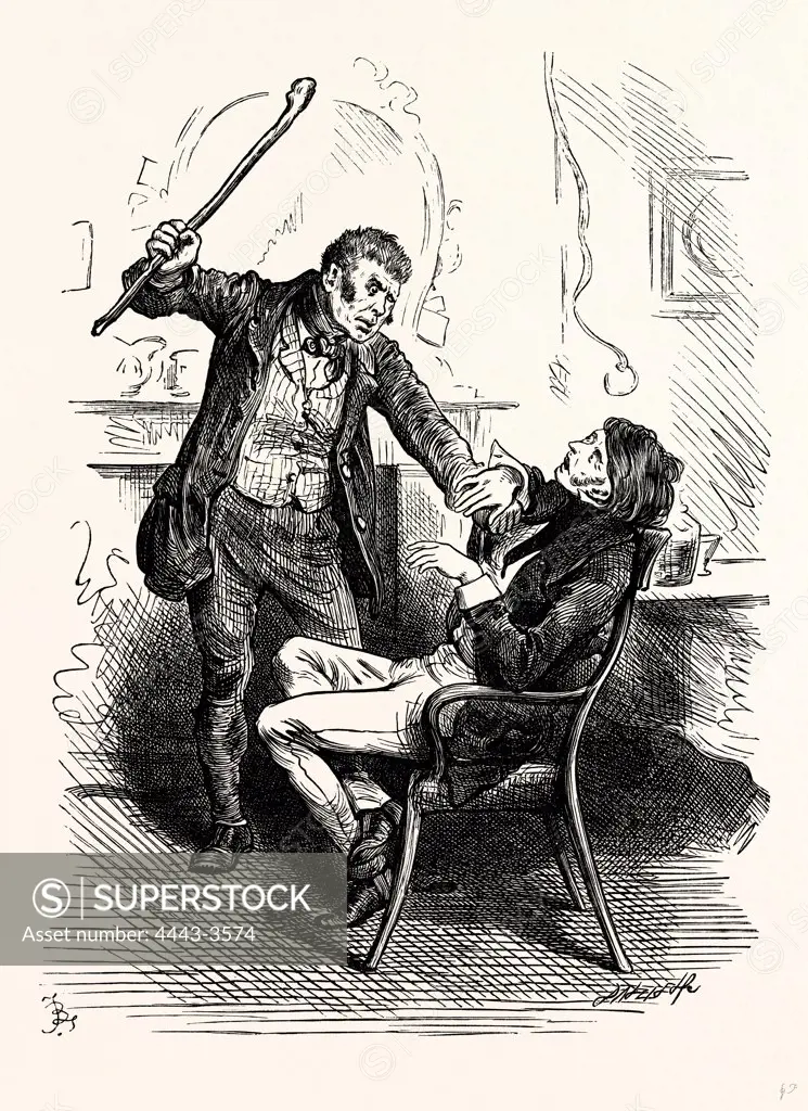 Charles Dickens, Sketches by Boz,  LEAVE THAT 'ERE BELL ALONE, YOU WRETCHED LOO-NATTIC ! SAID THE BOOTS, SUDDENLY FORCING THE UNFORTUNATE TROTT BACK INTO HIS CHAIR. AND BRANDISHING THE STICK ALOFT.