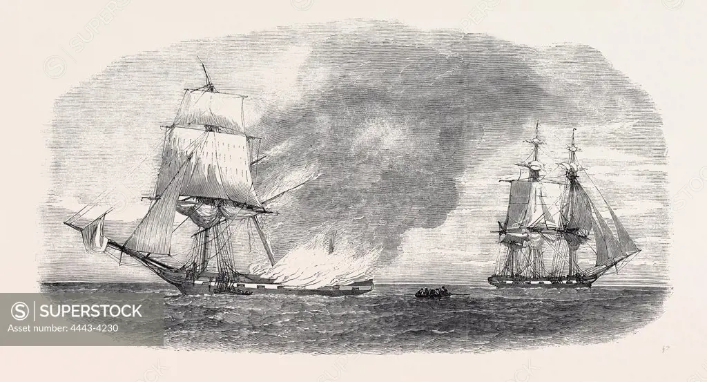 BURNING OF THE SHIP 'THE THOMAS THOMPSON,' ON HER VOYAGE FROM BOMBAY TO LIVERPOOL, THE CREW RESCUED BY THE 'BARRACKPORE'
