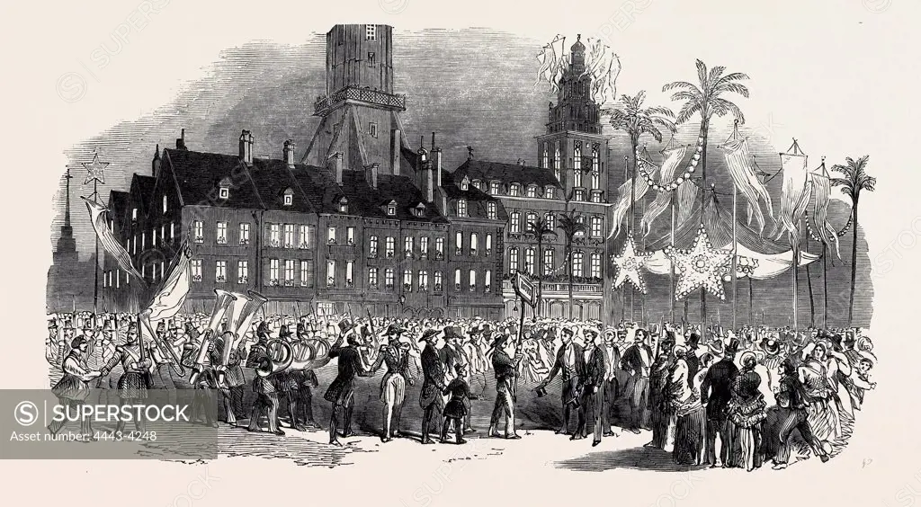 FETE AT CALAIS, MUSICAL PROCESSION IN THE GRANDE PLACE, 1852