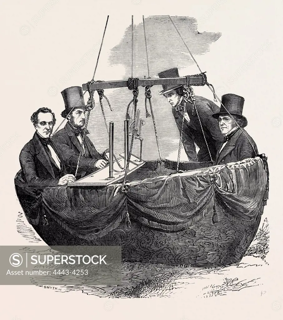 SCIENTIFIC BALLOON ASCENT FROM VAUXHALL GARDENS, LONDON, 1852; MR. NICKLIN (LEFT), MR. WELSH (SECOND FROM LEFT), MR. ADIE (SECOND FROM RIGHT), MR. GREEN (RIGHT)