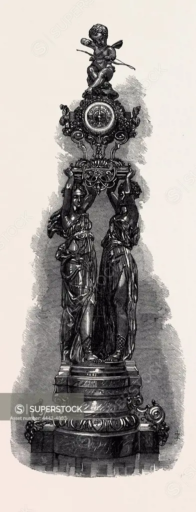TWO FEMALE FIGURES HOLDING A CLOCK, BY THE COMPAGNIE DES MARBRES ONYX D'ALGERIE, EXHIBITED BY G. VIOT AND CO., 1867